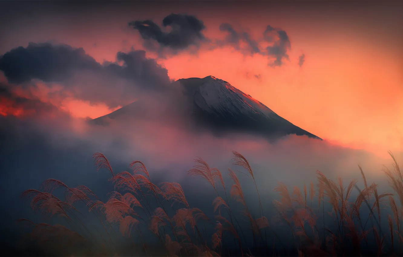 Photo wallpaper clouds, mountains, Japan, Fuji