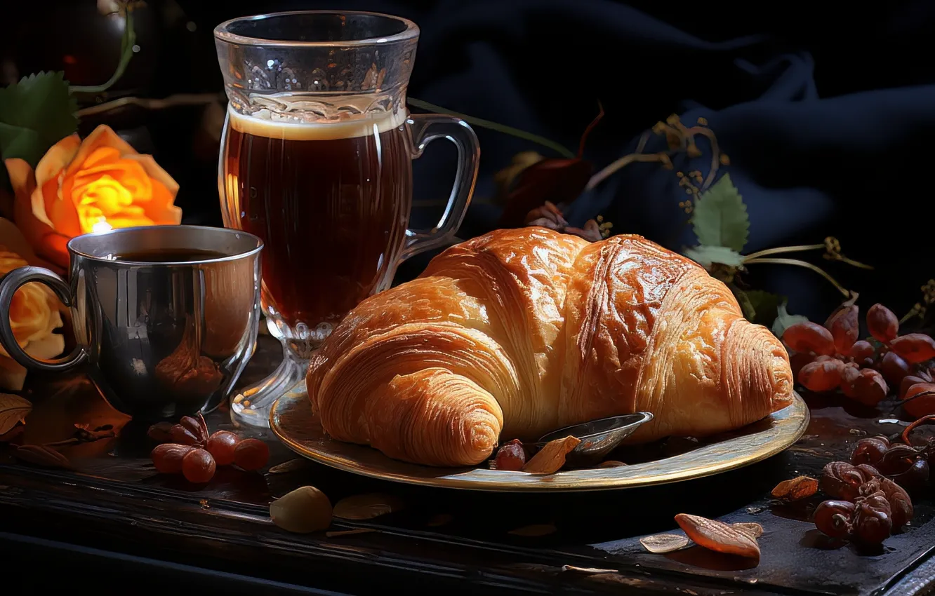 Photo wallpaper table, coffee, mug, Cup, drink, croissant, AI art, neural network