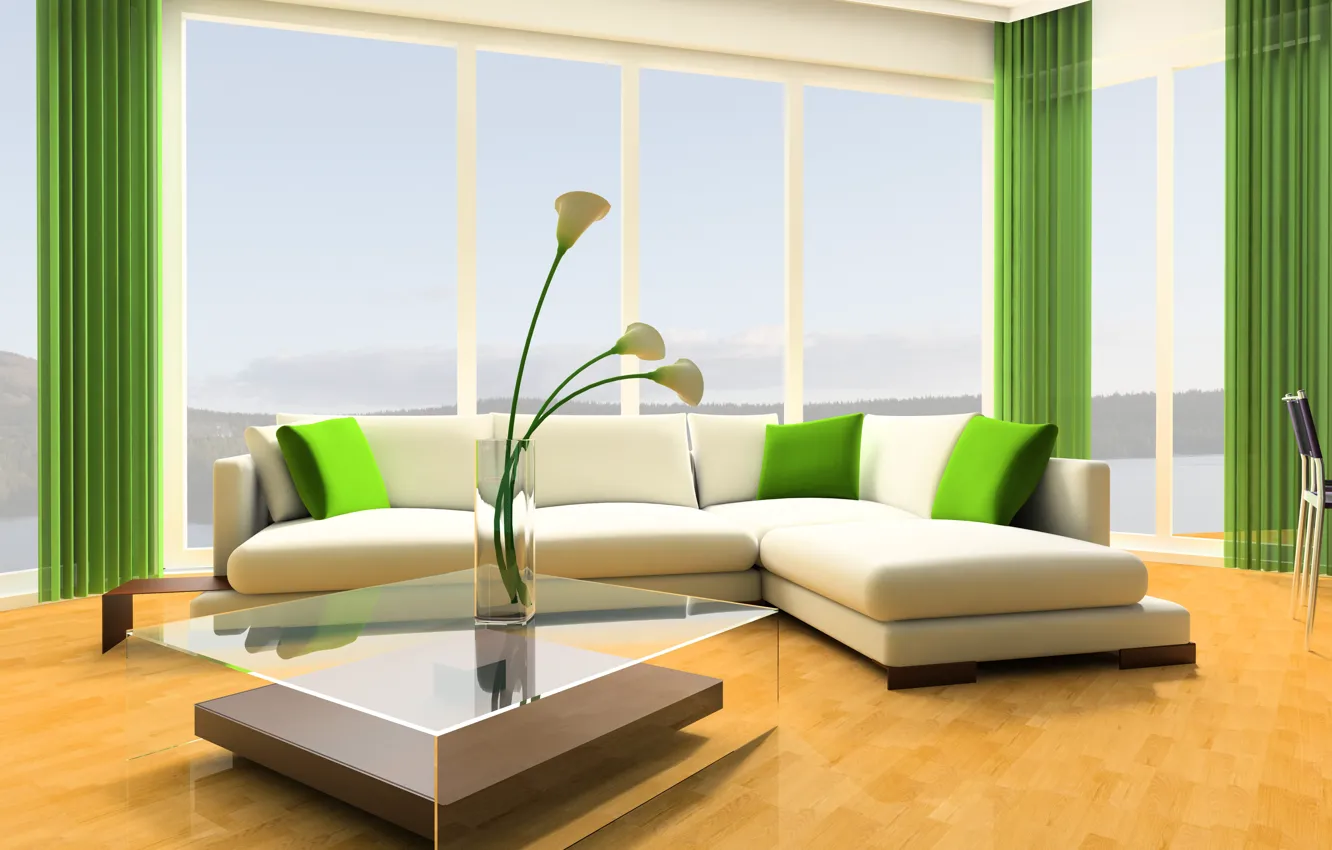 Photo wallpaper flowers, design, style, sofa, interior, vase, table, living room