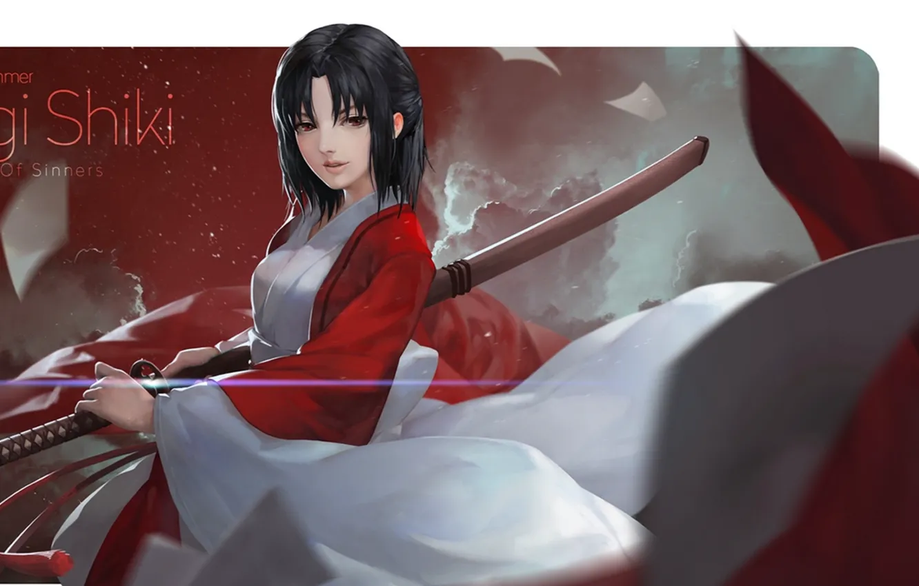 Photo wallpaper girl, sword, katana, leaves, Kara no Kyoukai, the garden of sinners, Ryougi Shiki