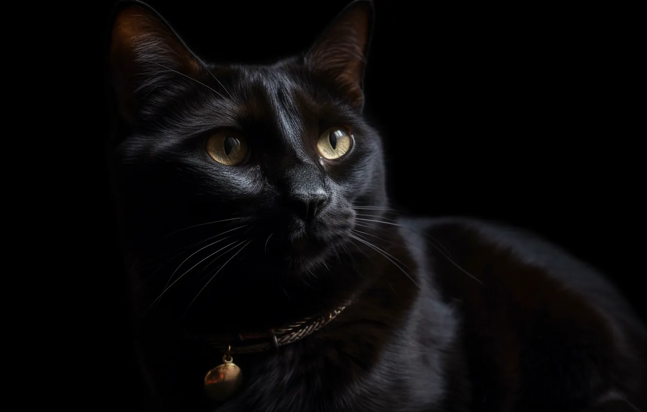 Photo wallpaper cat, eyes, cat, face, the dark background, black, digital art, AI art