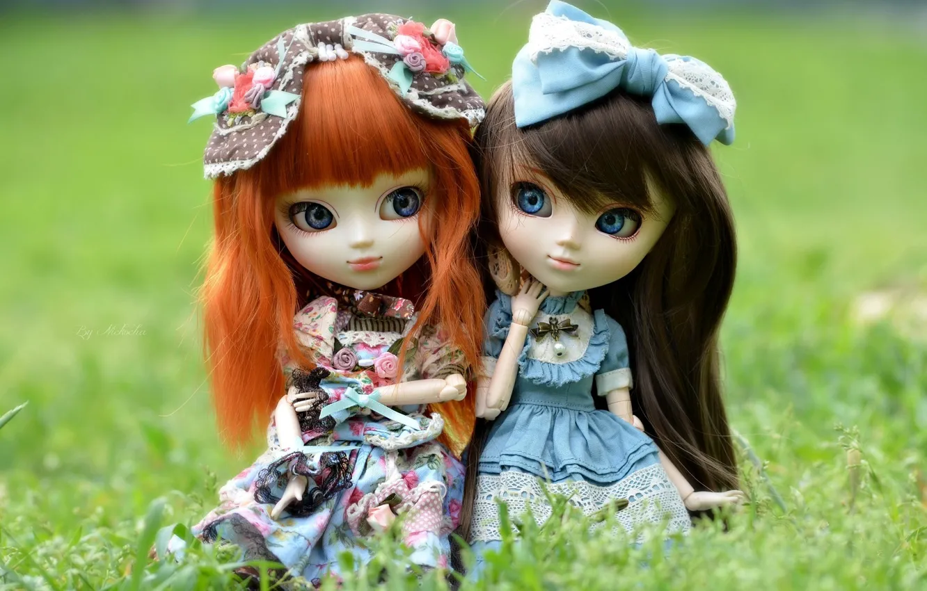 Photo wallpaper grass, hair, toy, two, doll, dress, brunette, girl