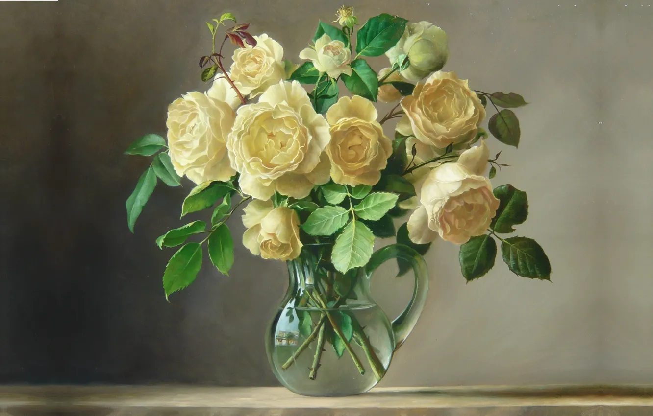 Photo wallpaper water, flowers, bouquet, picture, art, pitcher, Pieter Wagemans