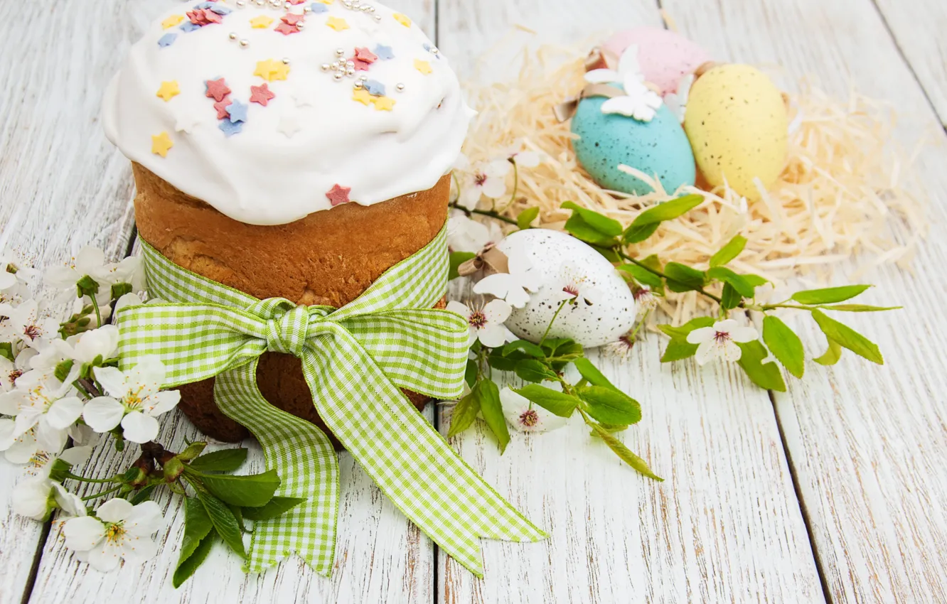 Photo wallpaper flowers, eggs, spring, colorful, Easter, cake, cake, wood