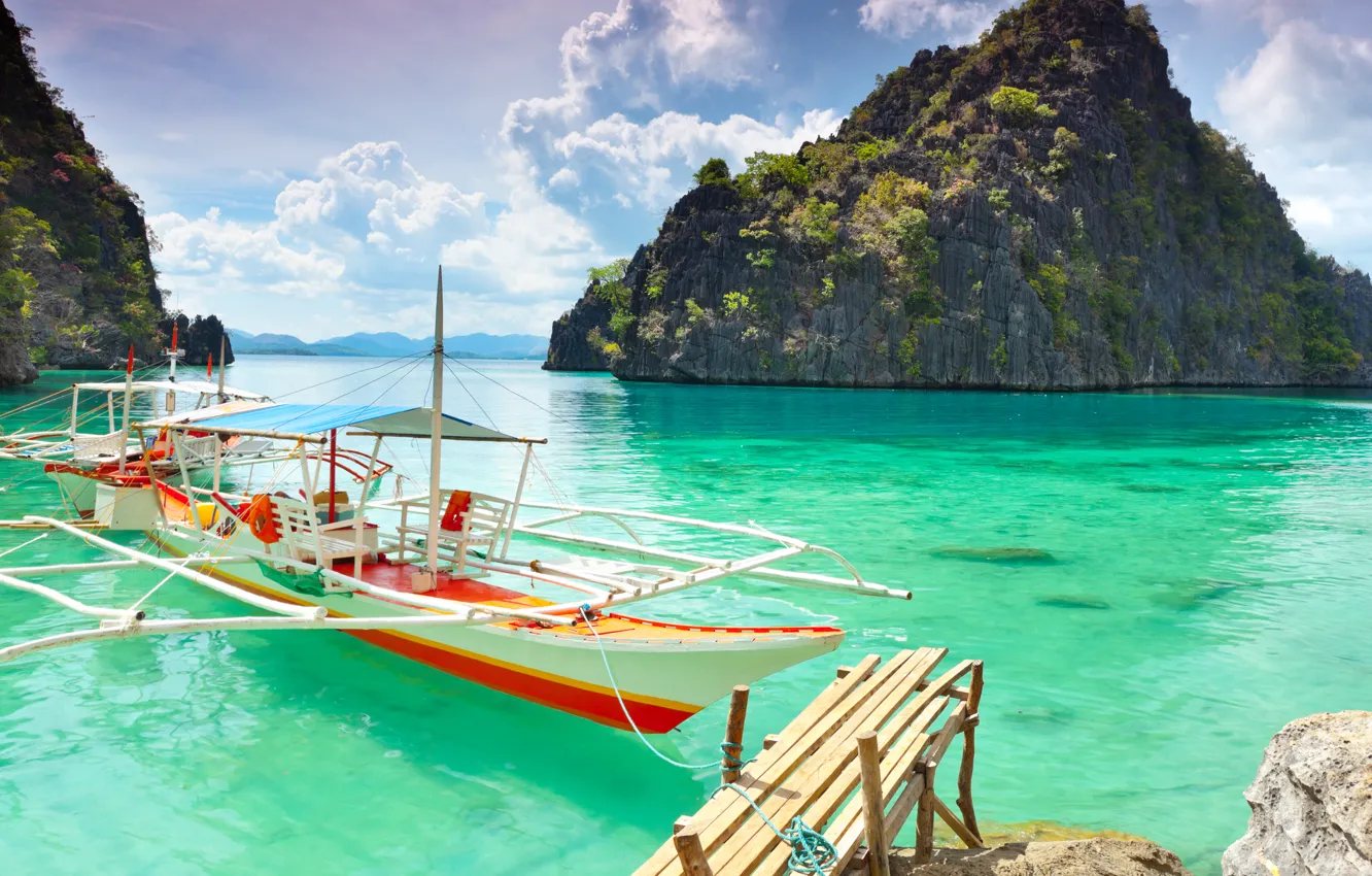 Photo wallpaper sea, rocks, boat, island, pier, Vietnam