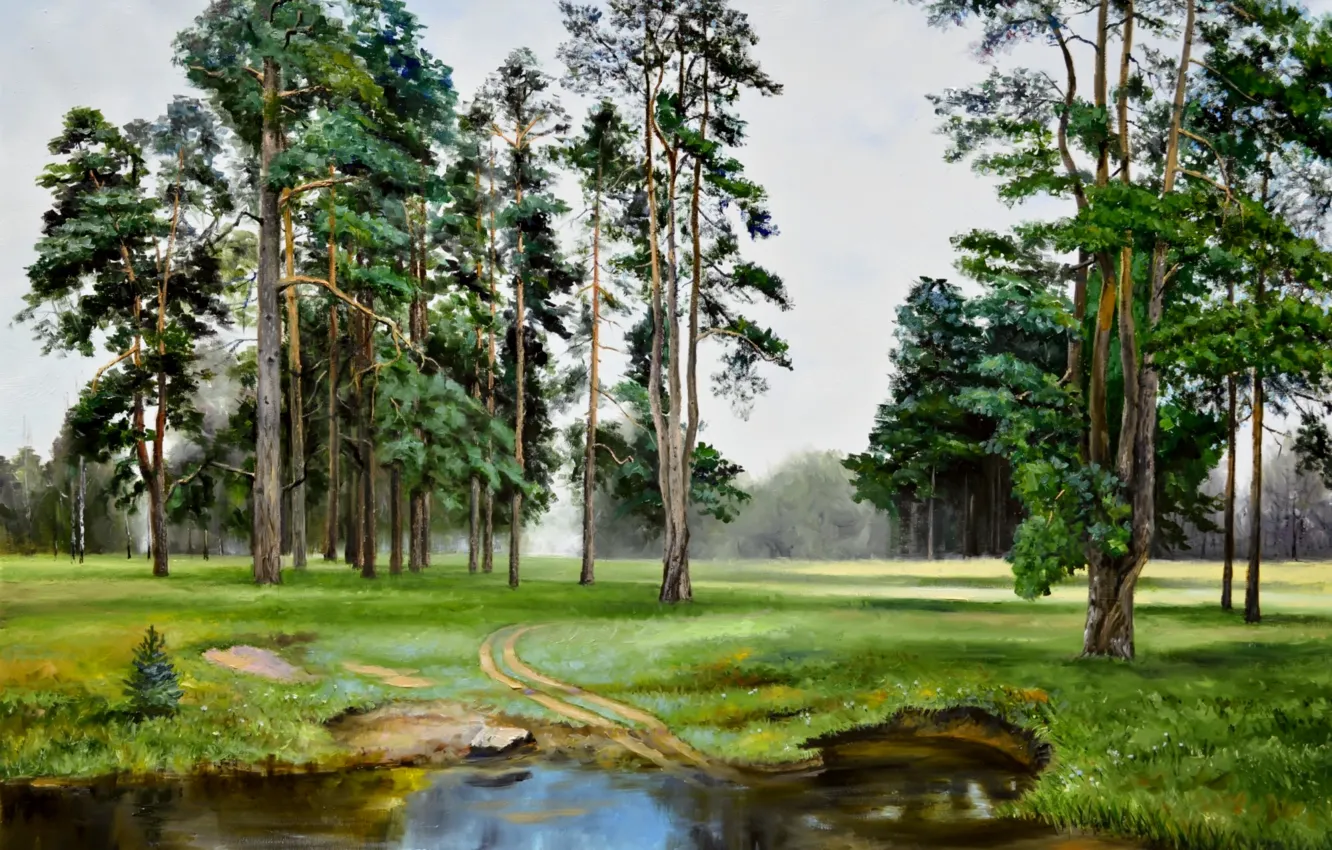 Photo wallpaper forest, grass, water, trees, landscape, picture, puddle, painting