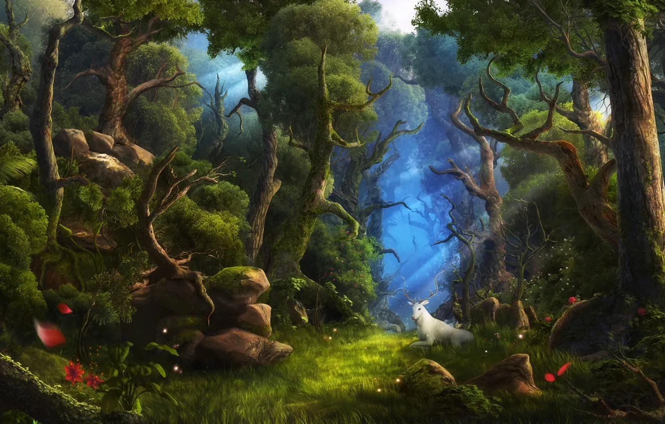 Photo wallpaper forest, white, trees, flowers, animal, deer, art
