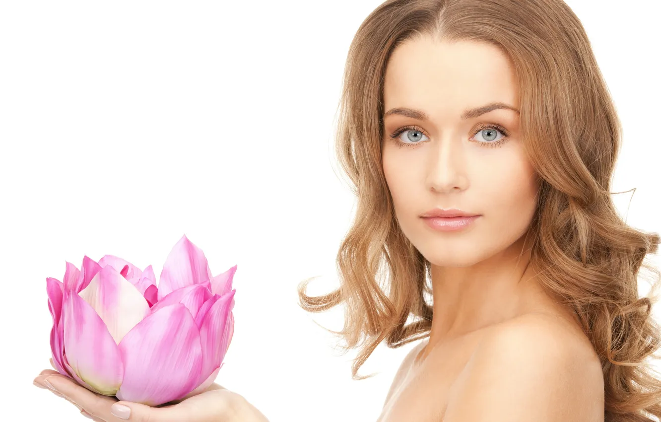 Photo wallpaper look, girl, flowers, Lotus, blonde, gray-eyed