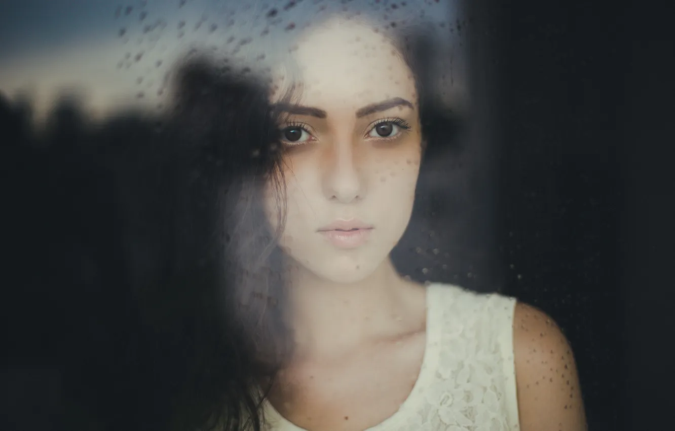 Photo wallpaper glass, girl, drops