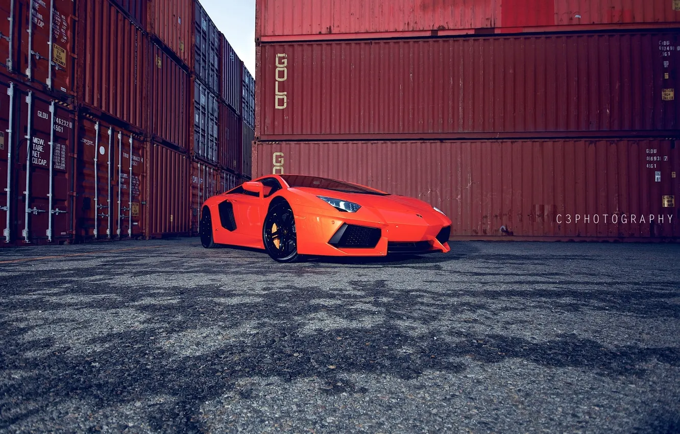 Photo wallpaper orange, Lamborghini, container, side view, wet asphalt, orange, headlights, LP700-4