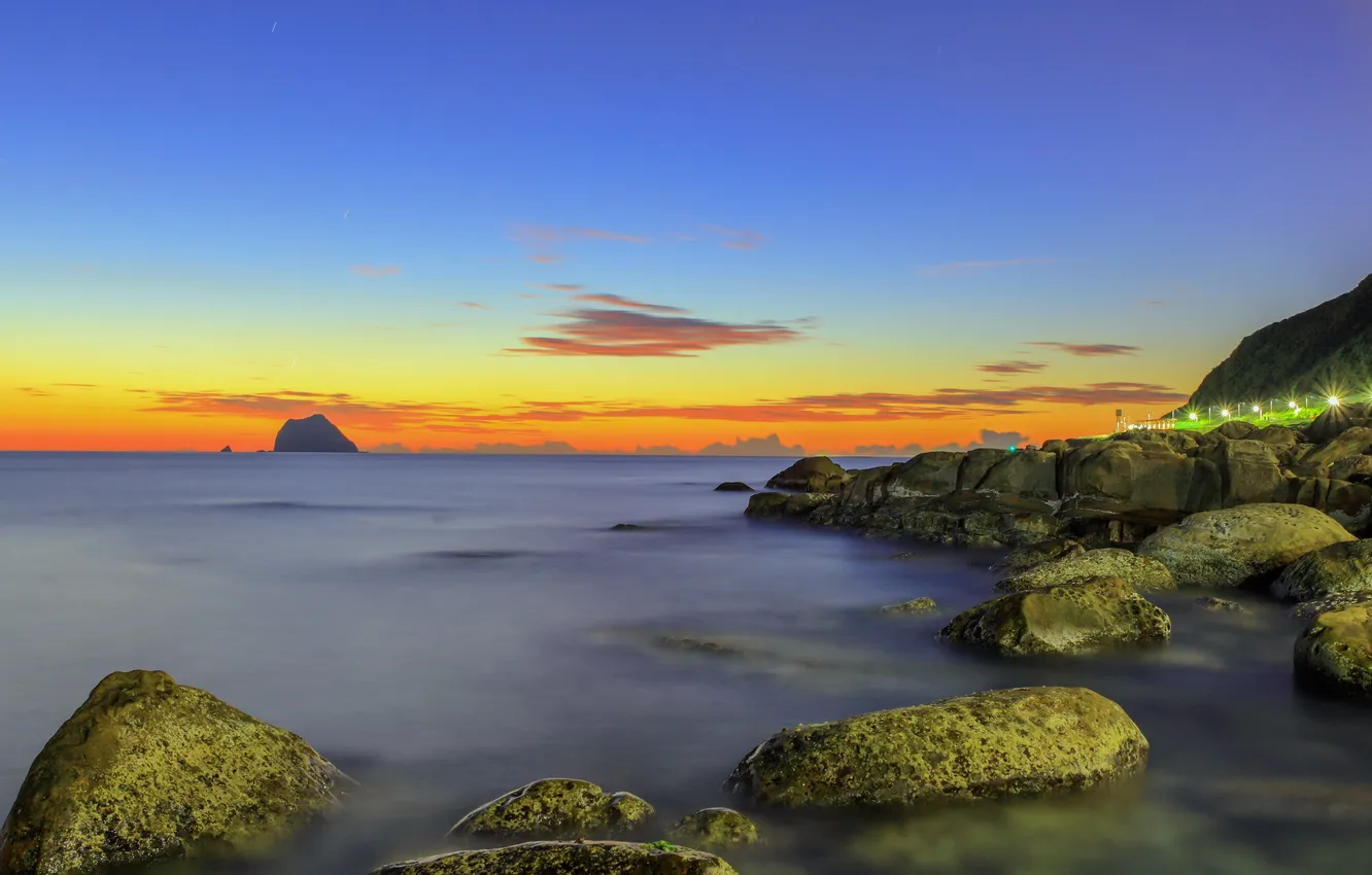 Photo wallpaper sea, landscape, sunset, stones