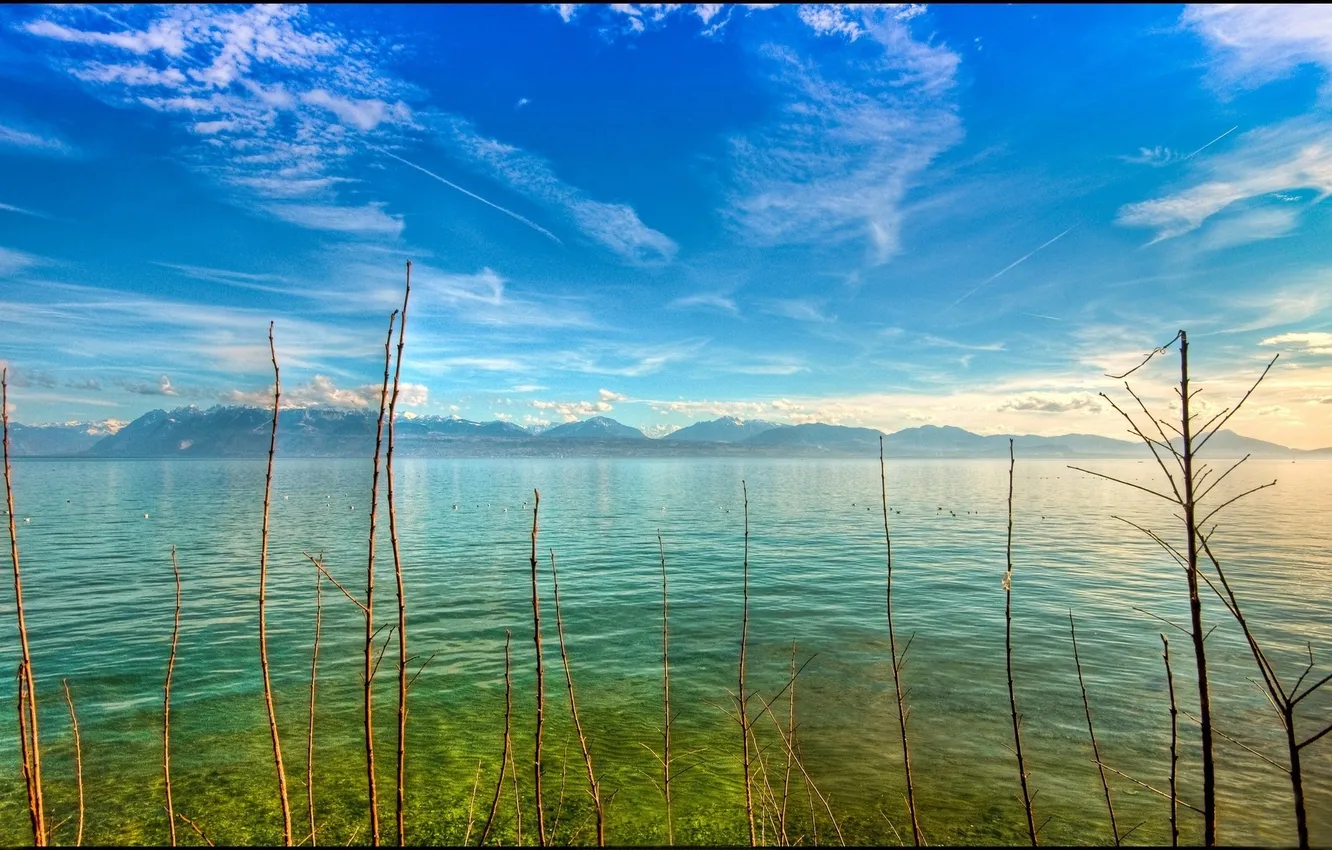 Photo wallpaper the sky, water, clouds, mountains, branches, surface, dal, horizon