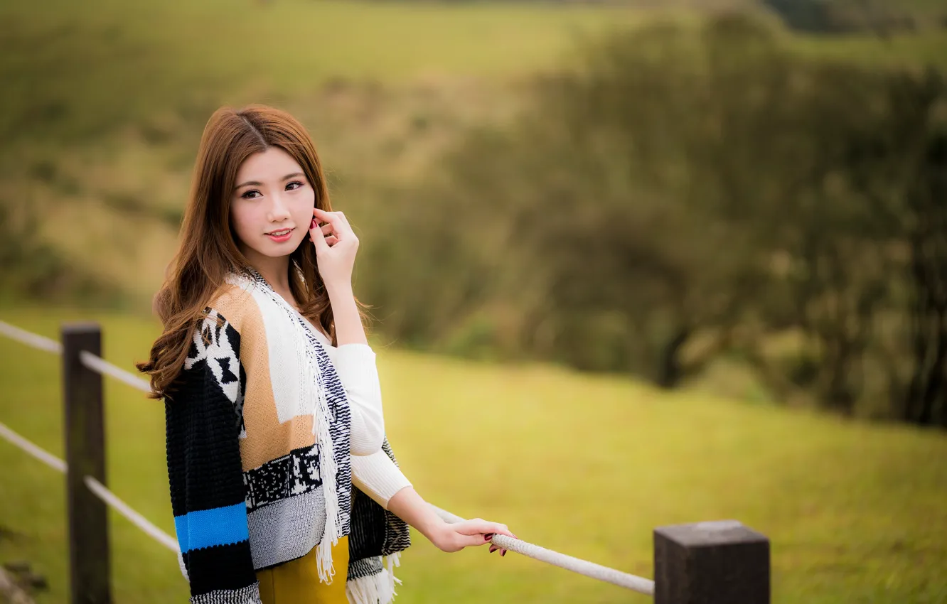 Photo wallpaper girl, brown hair, Asian, cutie, bokeh