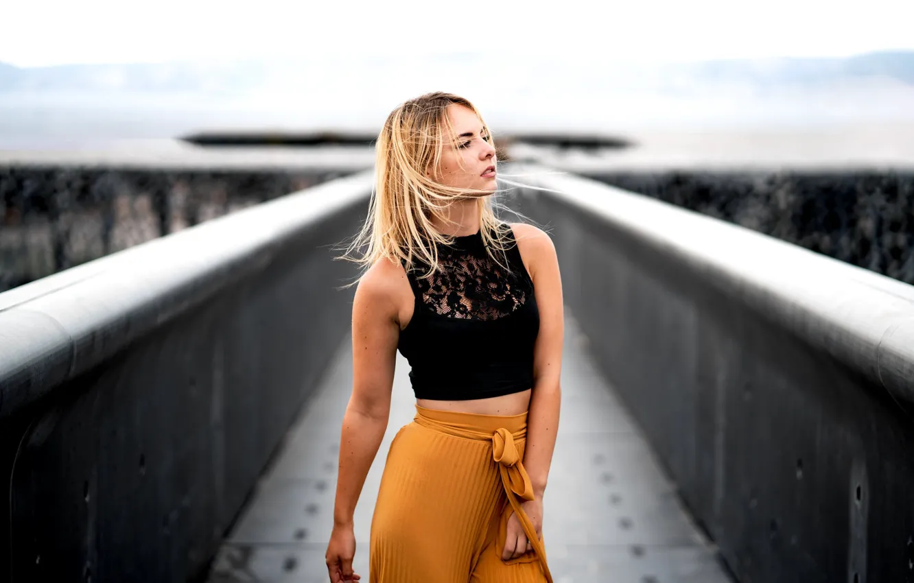 Photo wallpaper girl, bridge, pose, the wind, hair, blonde