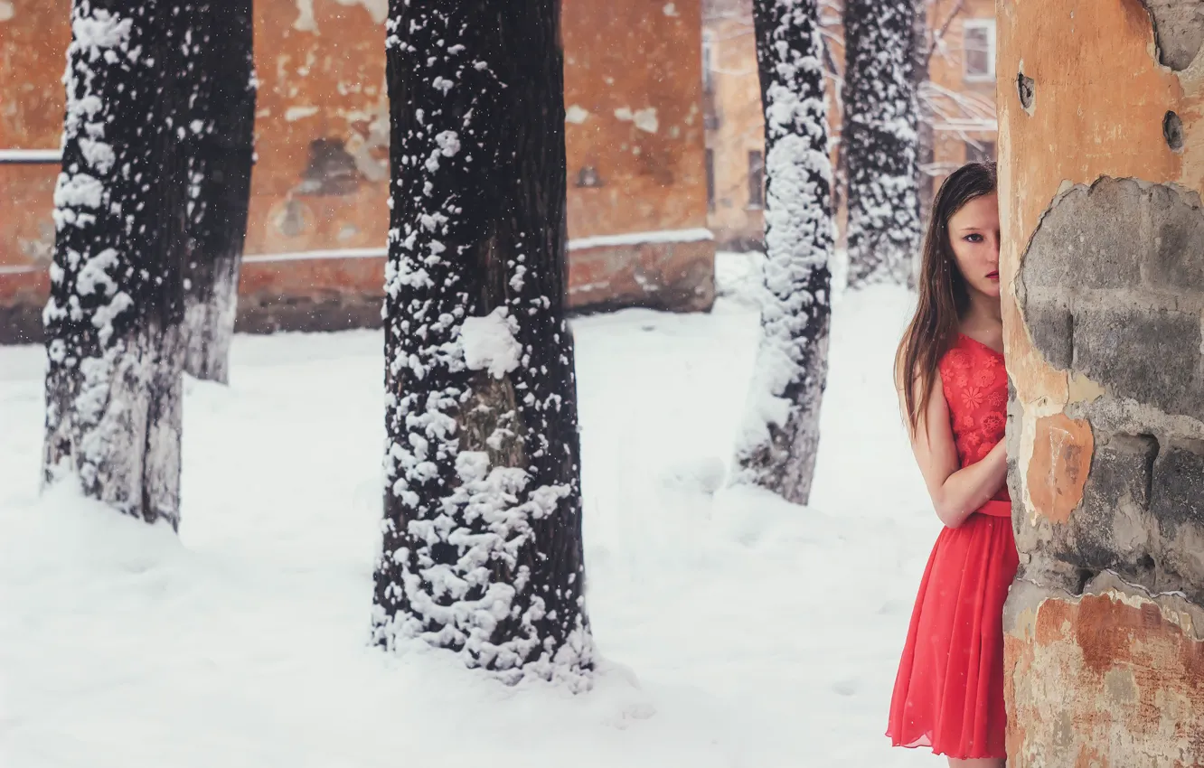 Photo wallpaper girl, snow, wall, dress, Yevhen Seleznyov