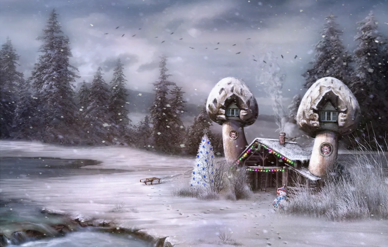 Photo wallpaper tale, house, snowman, tree