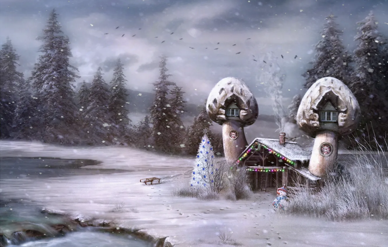 Photo wallpaper tree, tale, house, snowman