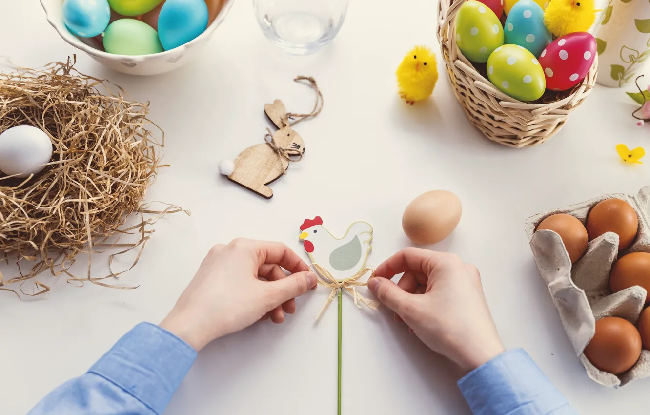 Photo wallpaper eggs, chicken, hands, Easter, figures, Easter