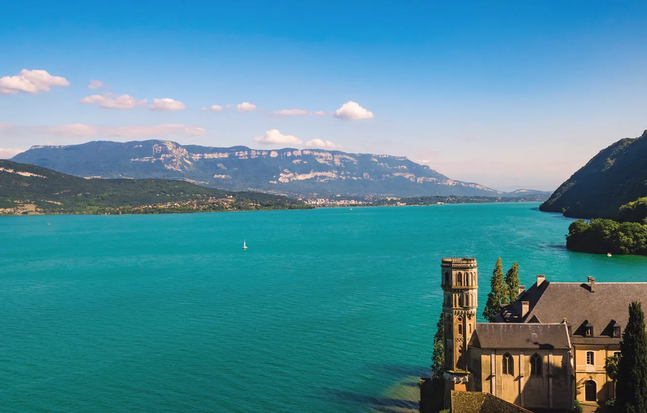 Photo wallpaper mountains, lake, France, Bank, Rhône-Alpes, Bourget, The Lake of Bourget
