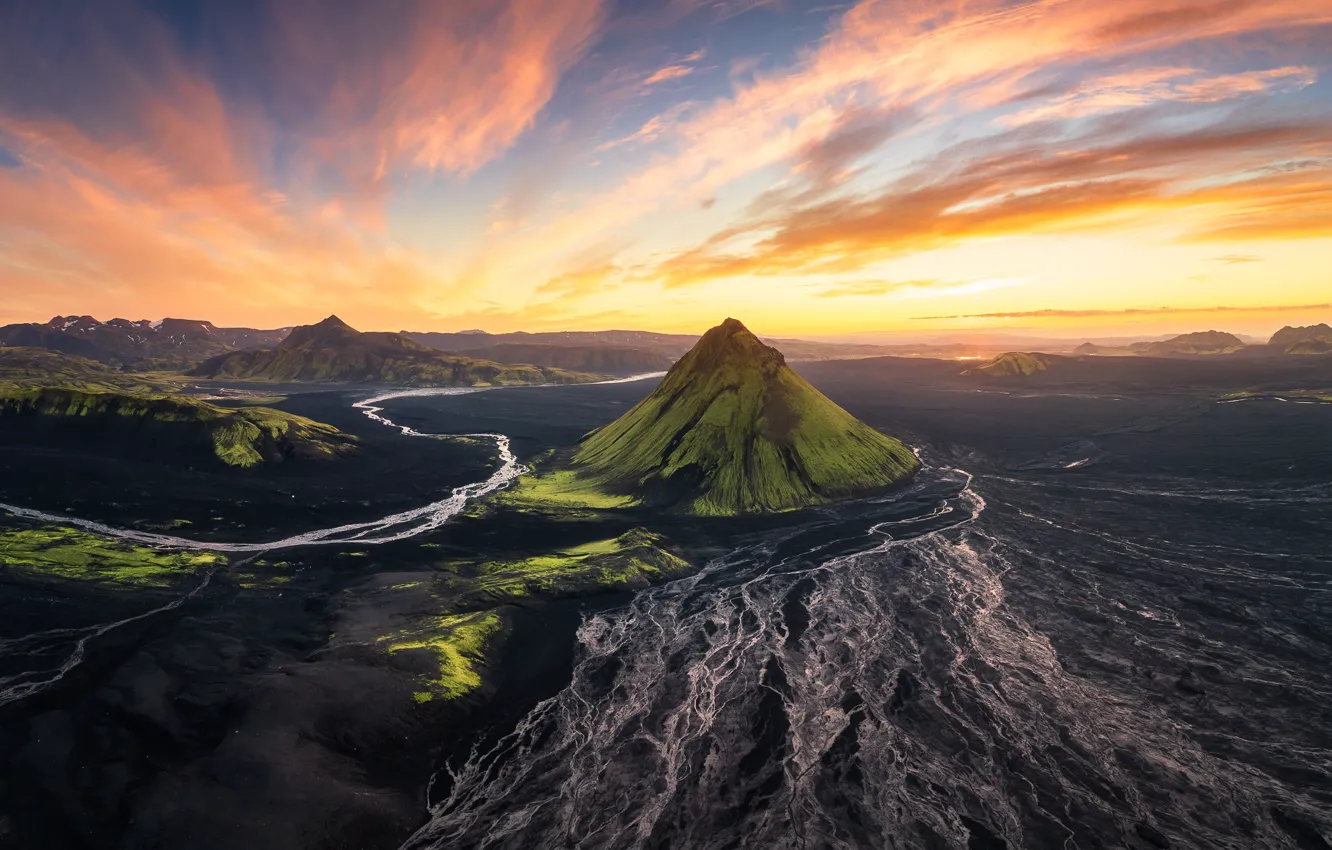 Photo wallpaper mountains, river, the volcano