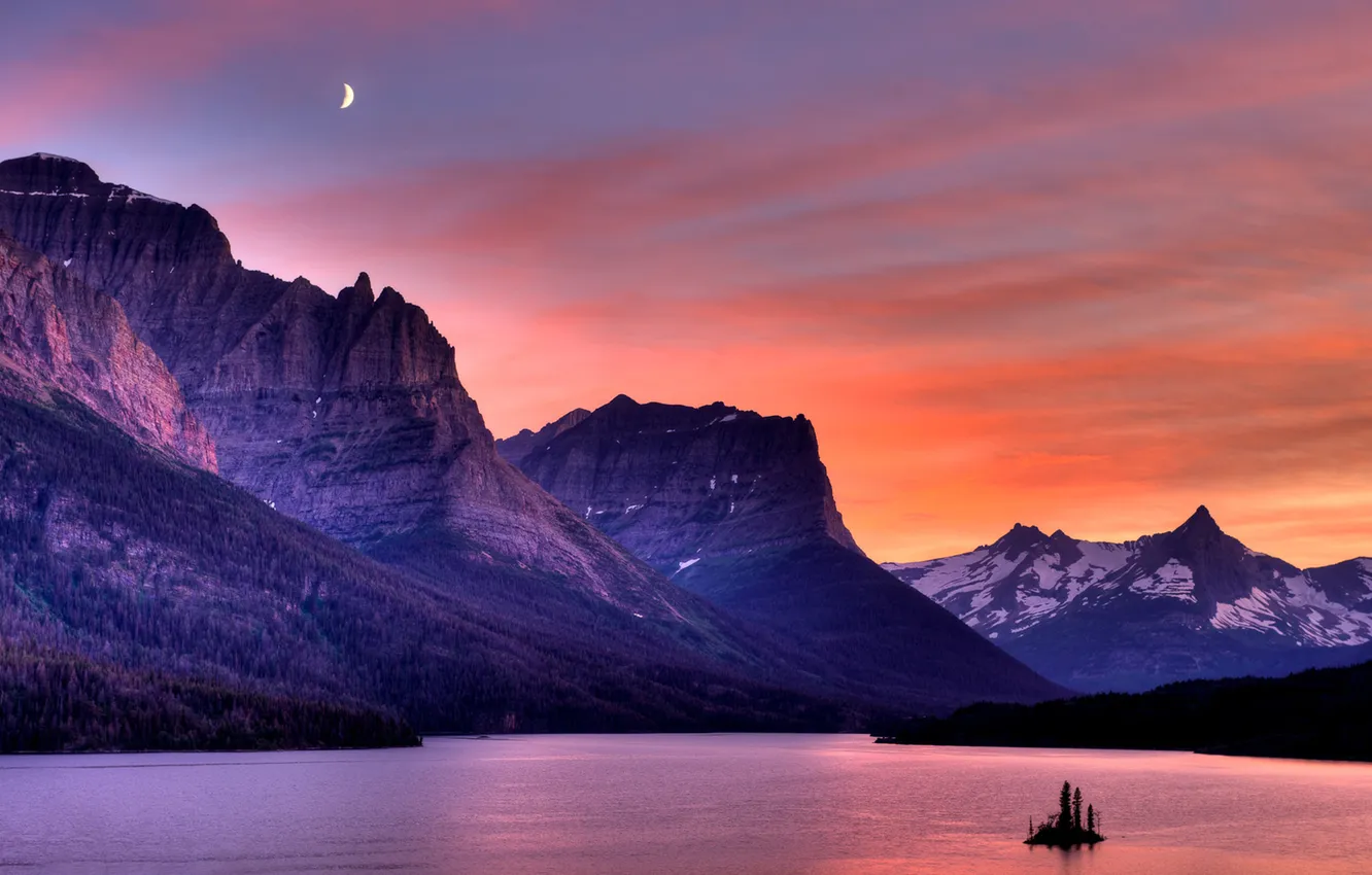 Photo wallpaper forest, the sky, clouds, landscape, sunset, mountains, nature, lake