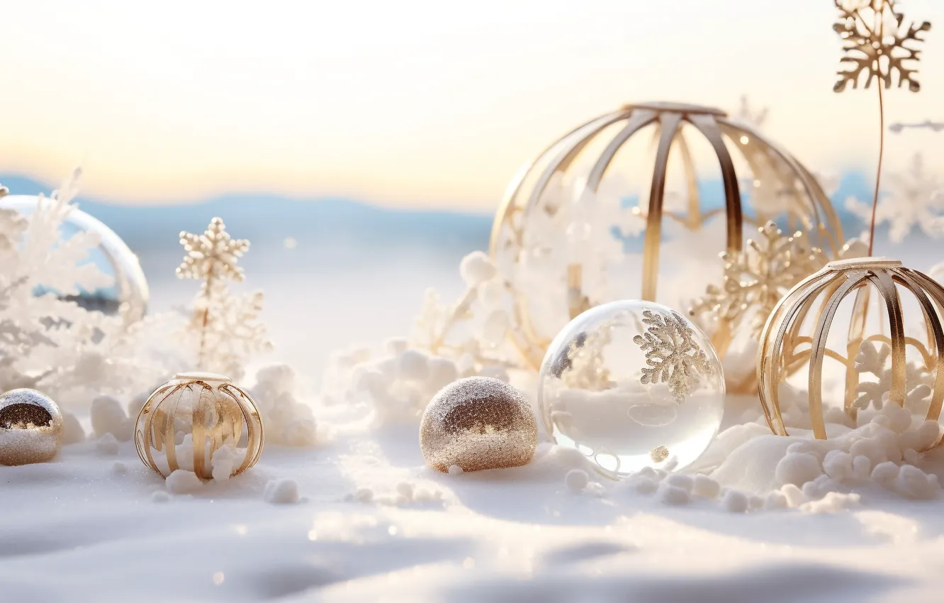 Photo wallpaper winter, the sky, balls, light, snow, snowflakes, nature, Christmas