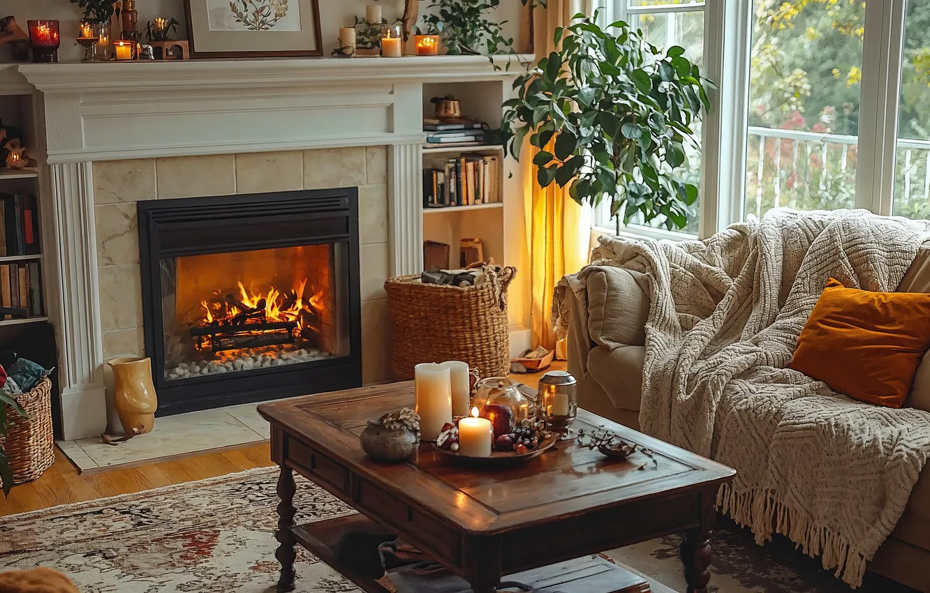 Photo wallpaper room, interior, fireplace, furniture