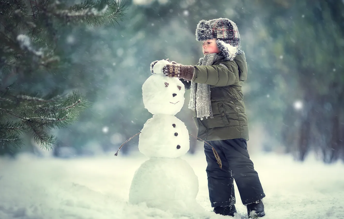Photo wallpaper winter, children, boy, snowman