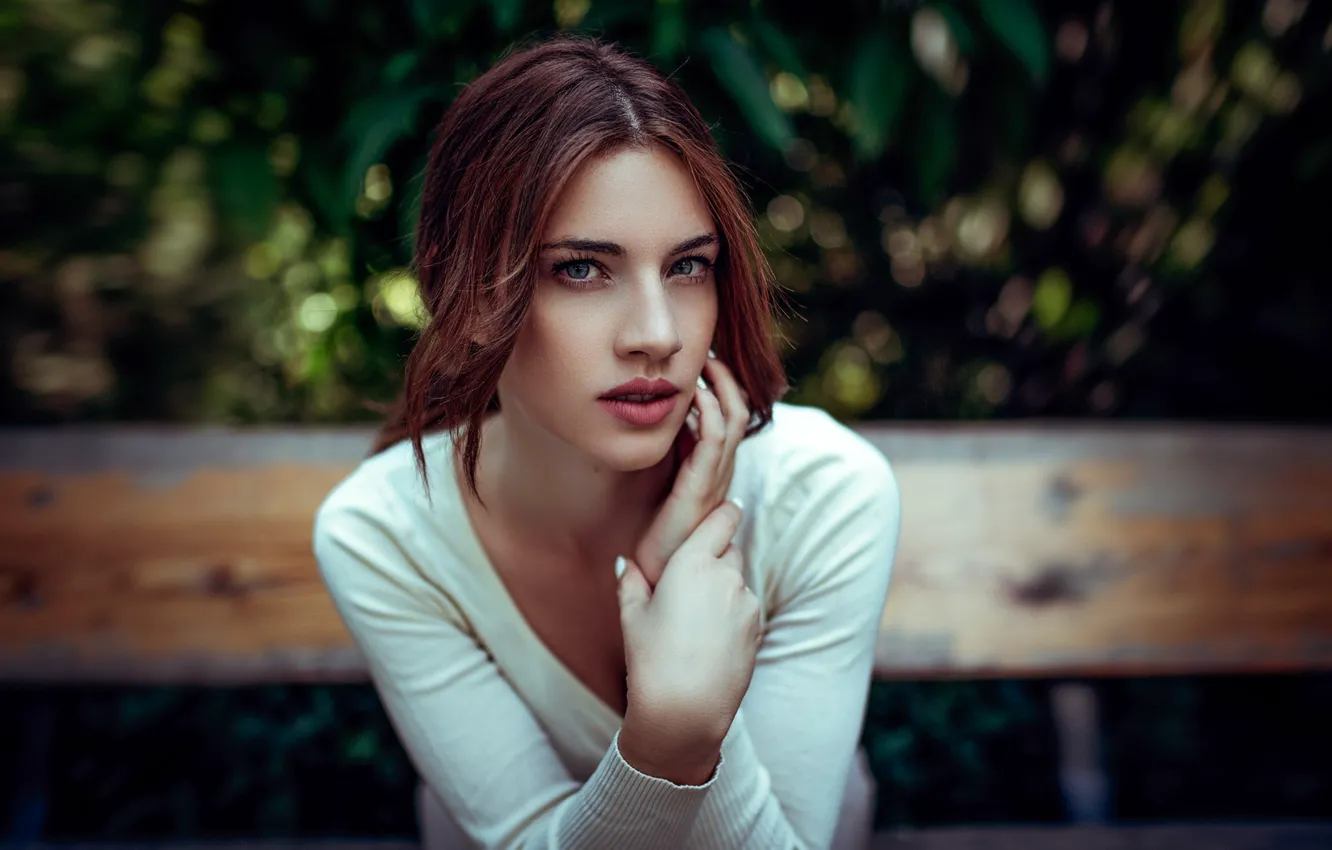 Photo wallpaper look, pose, model, portrait, makeup, hairstyle, brown hair, blouse