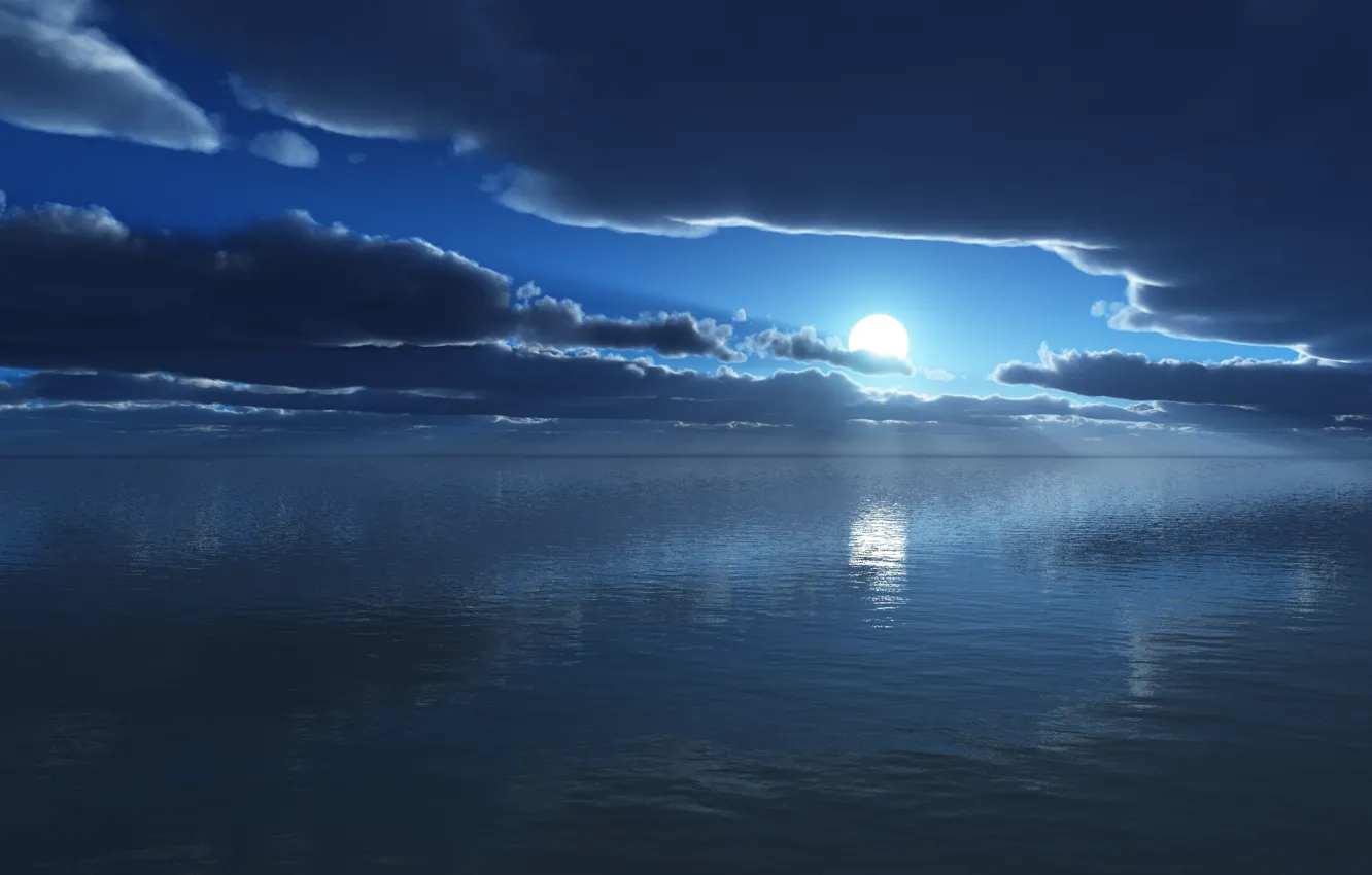 Photo wallpaper sea, the sky, clouds, night, reflection, the moon