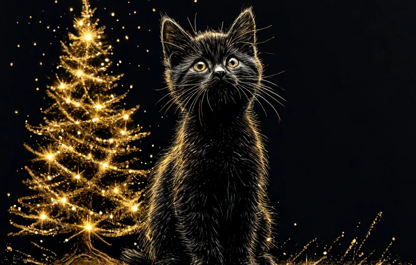 Photo wallpaper cat, tree, new year