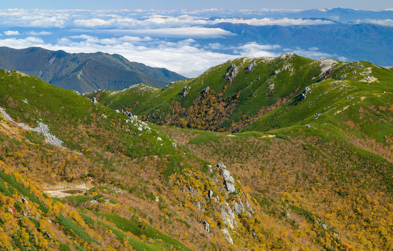 Photo wallpaper clouds, landscape, mountains, nature, tops