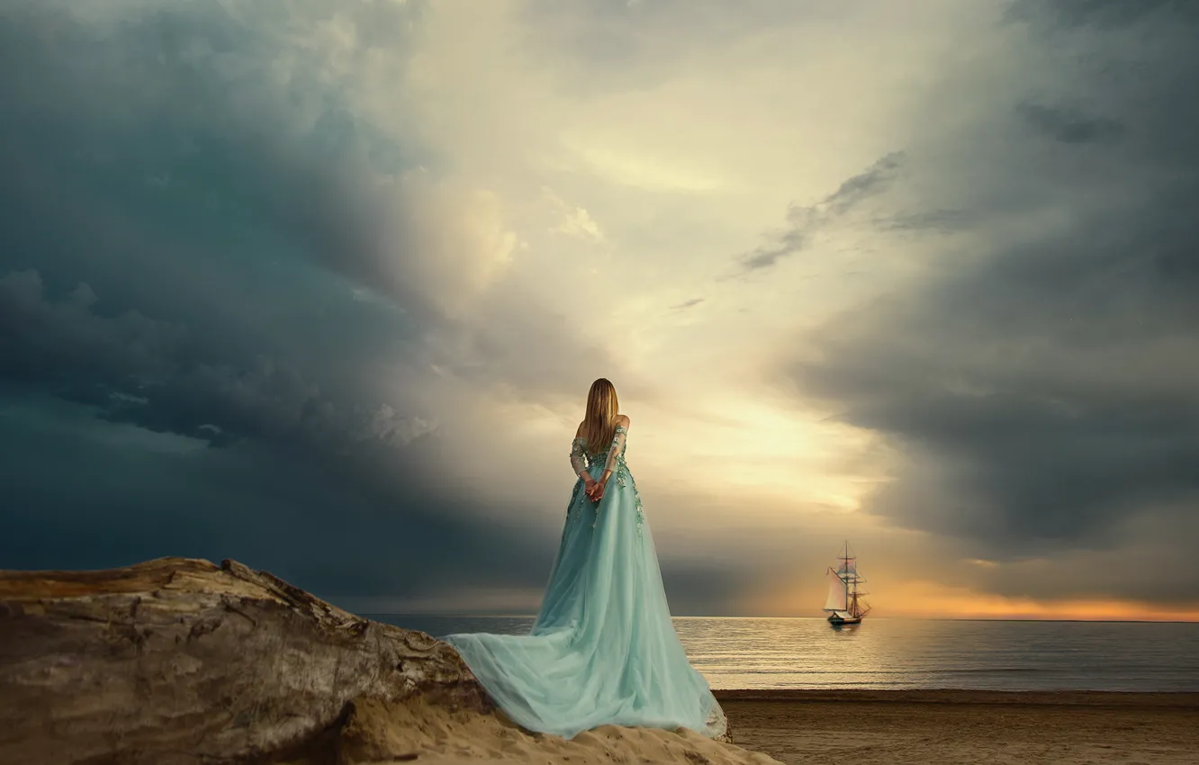 Photo wallpaper sea, the sky, girl, sunset, mood, sailboat, dress, Renat Khismatulin