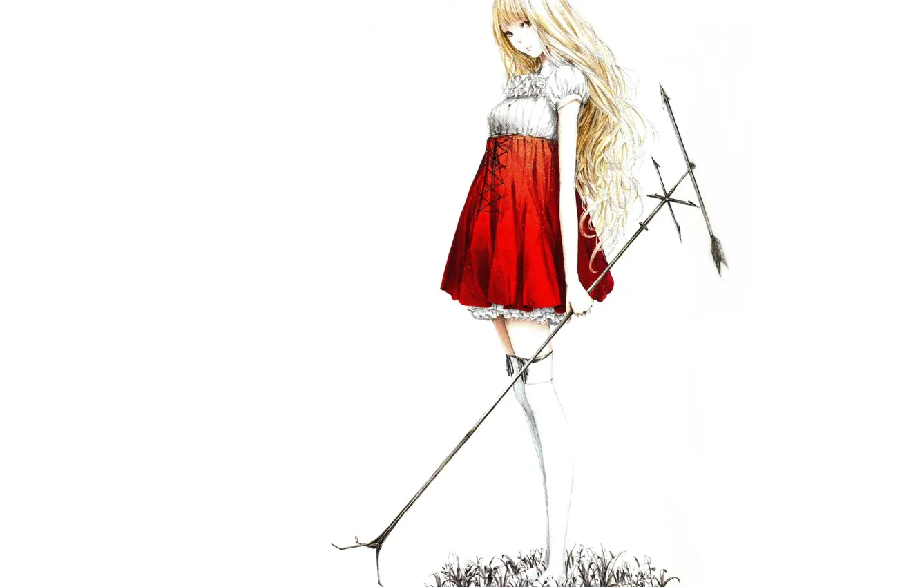 Photo wallpaper blonde, white background, weed, rod, long hair, white stockings, red skirt, by Sawasawa
