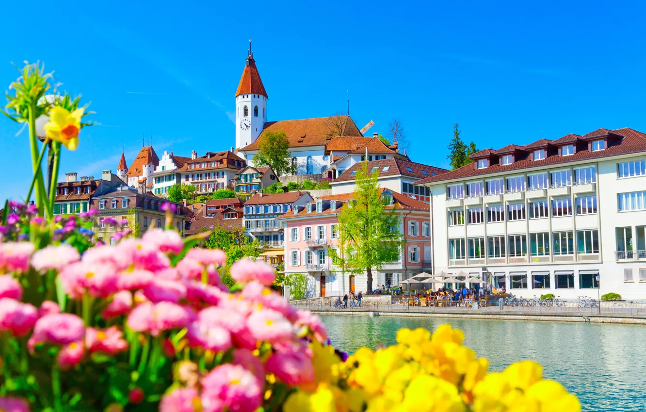 Photo wallpaper flowers, river, building, home, Switzerland, promenade, Switzerland, Aare river