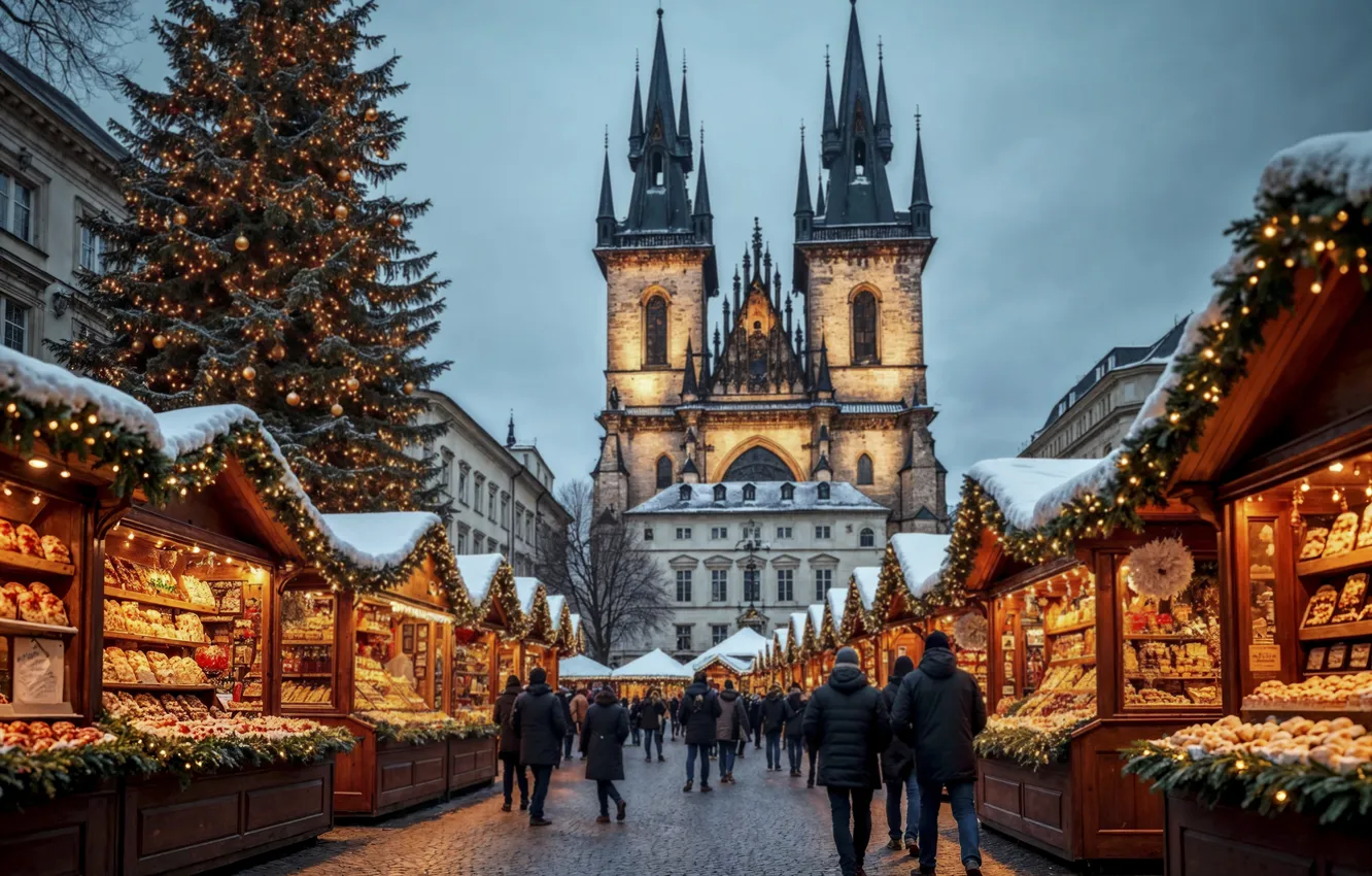 Photo wallpaper winter, snow, decoration, city, the city, street, new year, Christmas