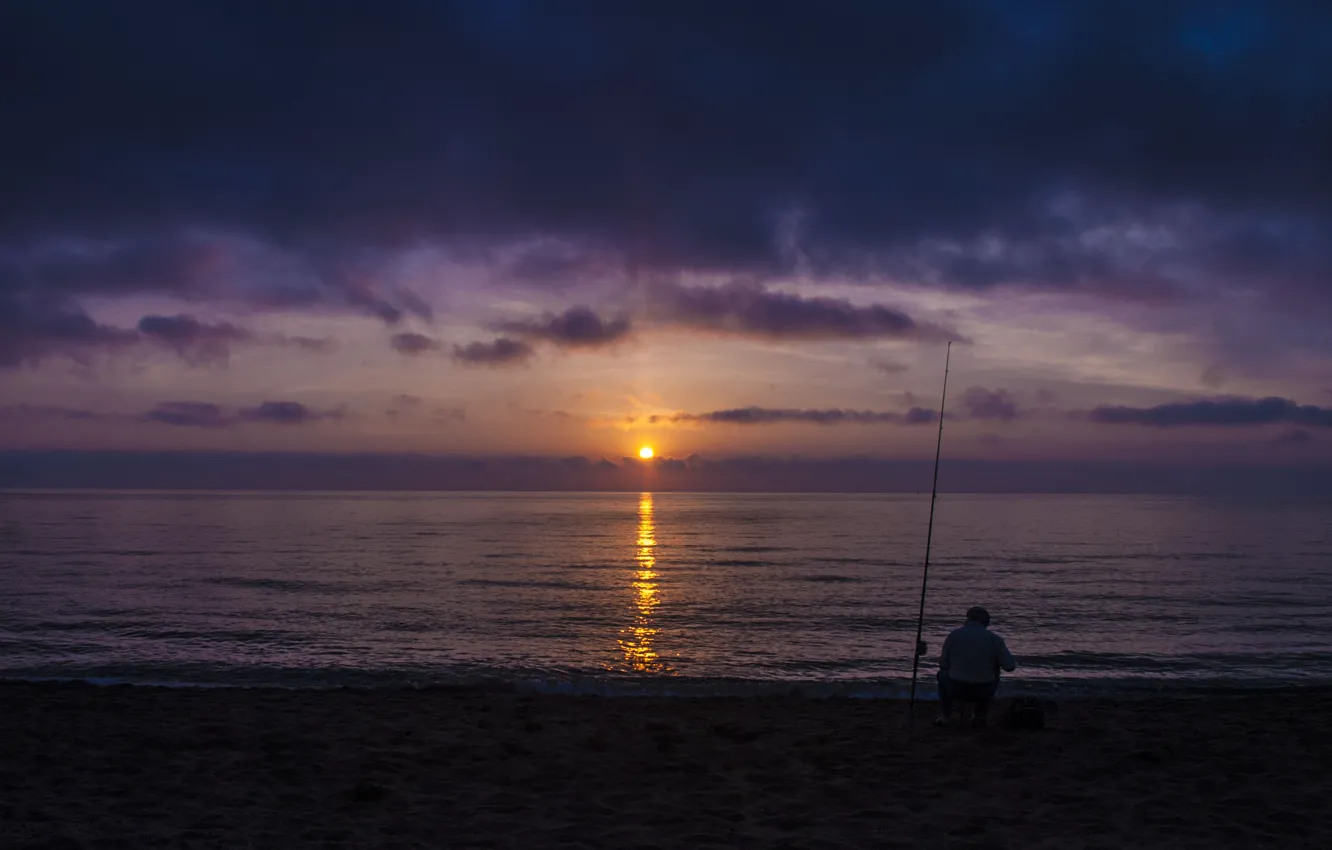 Photo wallpaper sea, the sun, dawn, shore, fisherman, morning, Caspian