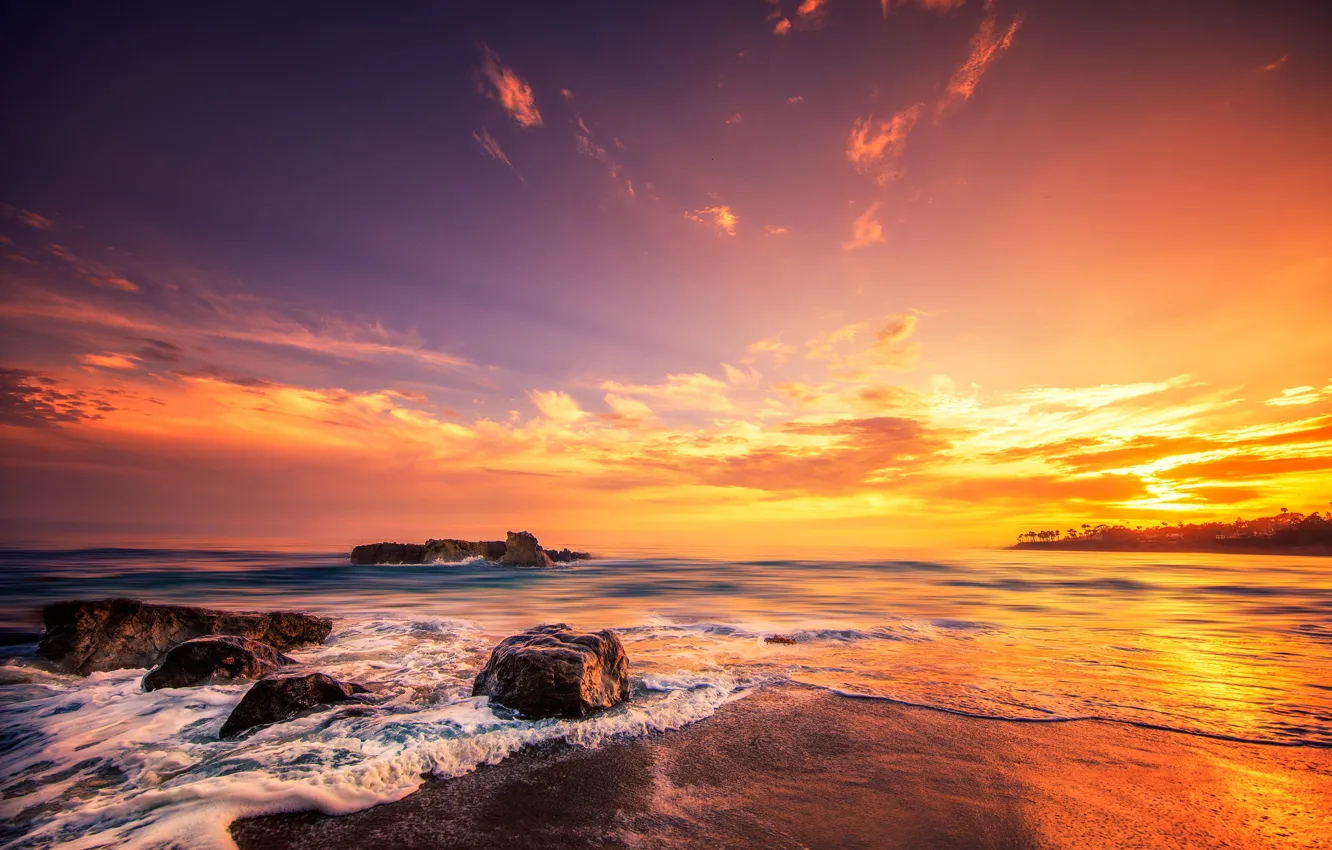 Photo wallpaper sea, beach, sunset, stones, the evening