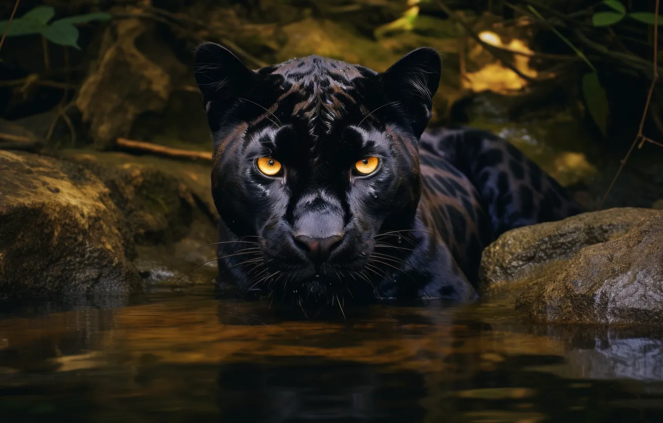 Photo wallpaper look, face, water, nature, pose, black, Panther, bathing
