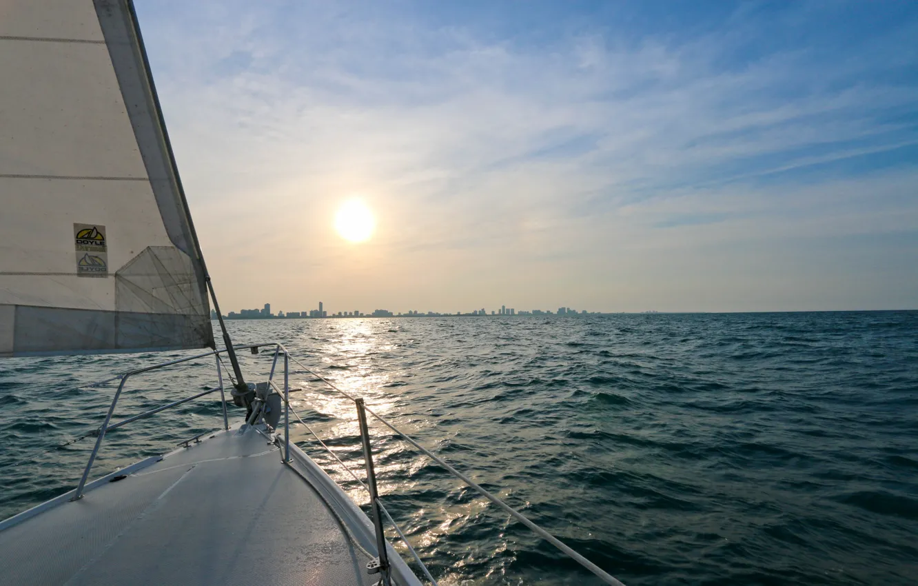 Photo wallpaper sea, the sun, the city, shore, yacht, sail
