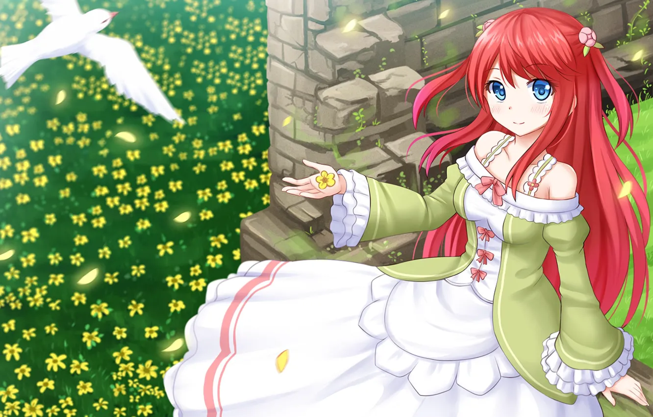 Photo wallpaper girl, flowers, bird, petals, anime, art, Re: Zero kara hajime chip isek or Seikatsu, Thearesia …