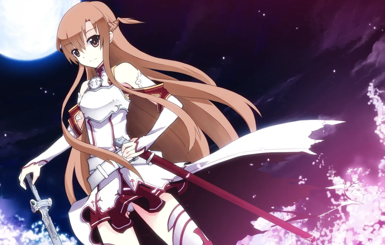 Photo wallpaper girl, night, weapons, the moon, sword, fantasy, art, sword art online