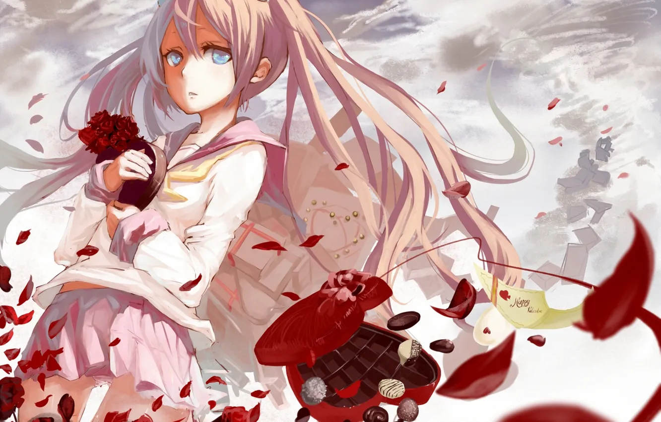 Photo wallpaper girl, flowers, roses, anime, petals, art, candy, form