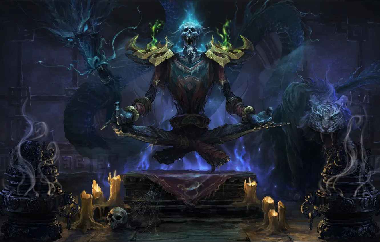 Photo wallpaper cat, tiger, magic, dragon, predator, ritual, candles, art