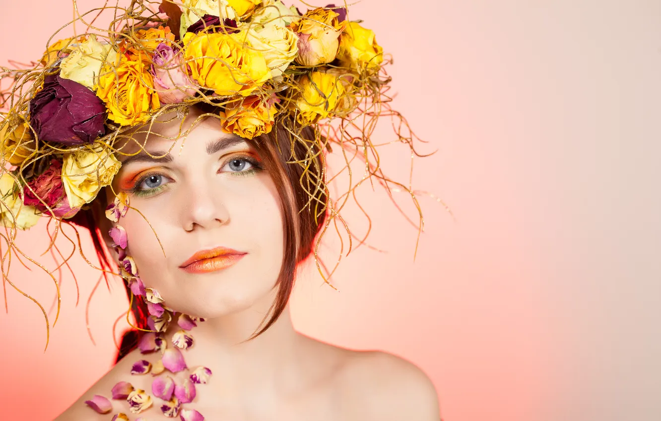 Photo wallpaper look, girl, flowers, makeup, petals, girl, wreath, petals