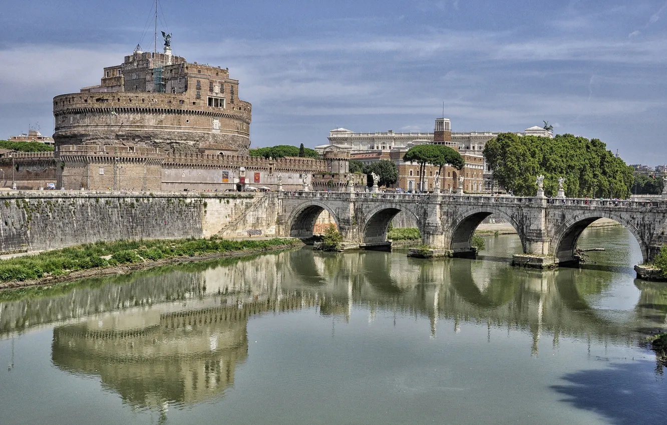 Photo wallpaper the sky, bridge, river, Rome, Italy, The Tiber, Castel Sant'angelo
