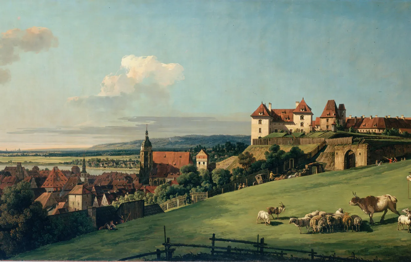 Photo wallpaper castle, sheep, meadow, shepherd, Bernardo, grazing, View of Pirna from the Sonnenstein Castle, Bellotto