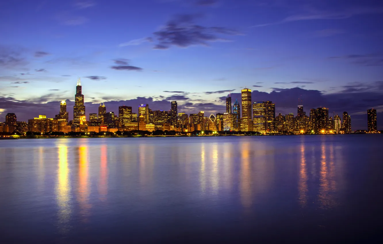Photo wallpaper water, lake, building, Chicago, Il, night city, Chicago, Illinois