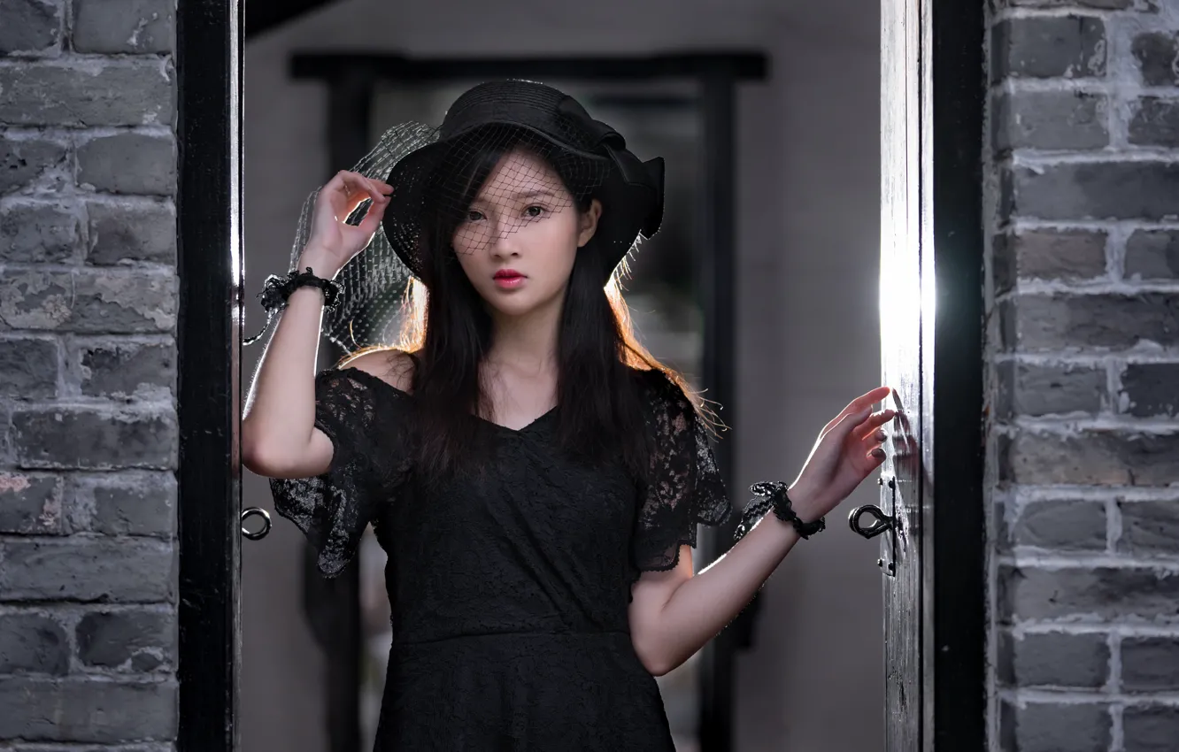 Photo wallpaper girl, dress, hat, Asian, cutie, veil, doorway