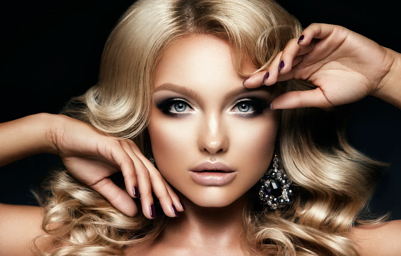 Photo wallpaper look, girl, face, hands, makeup, hairstyle, blonde, decoration